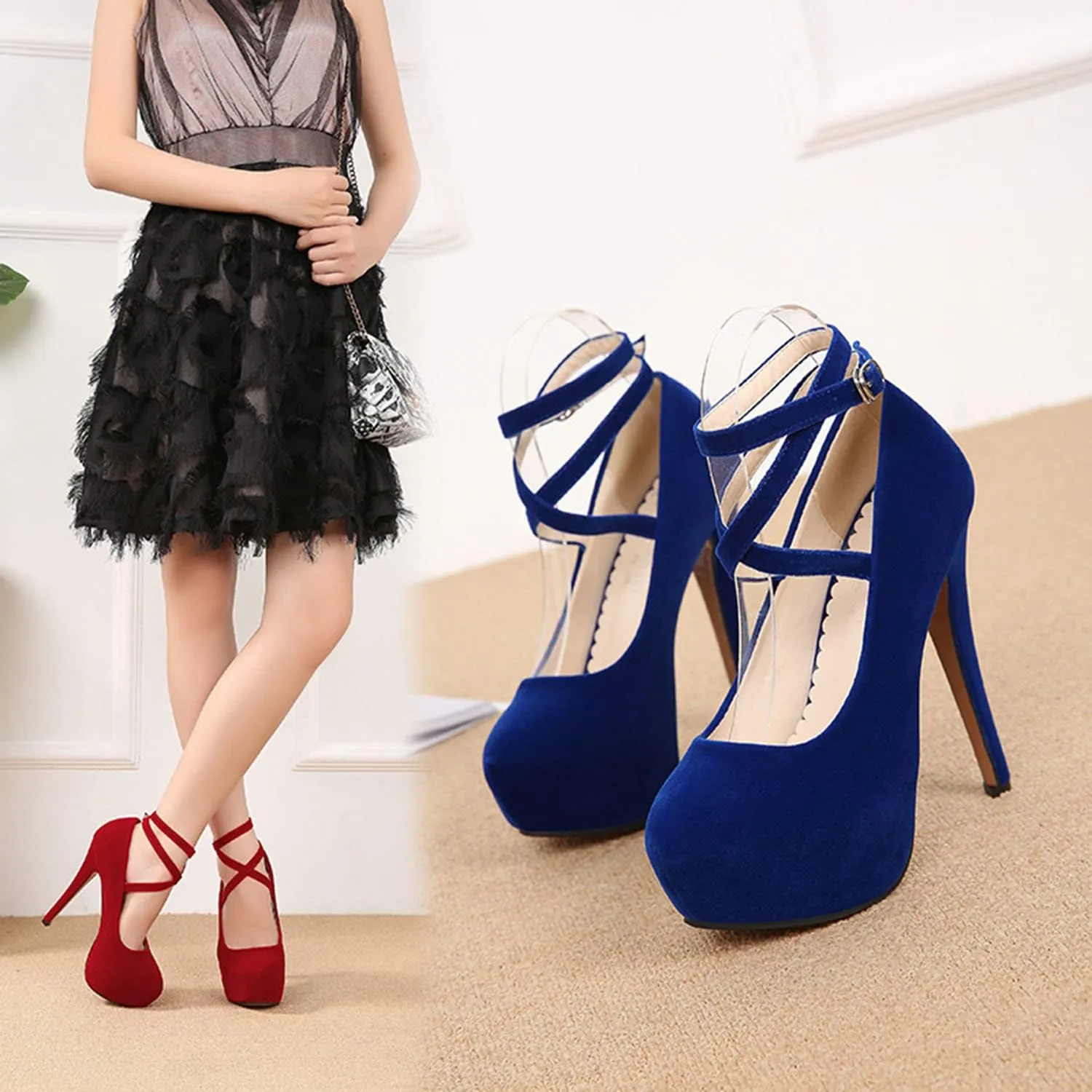 Women's Ankle Strap Close Toe High Stiletto Platform Heel Pumps Party Dress Sexy High Heels Suede Strappy Cross Ankle Strap Shoes Large Size 35-46