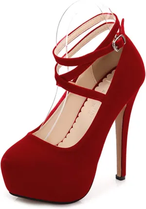 Women's Ankle Strap Close Toe High Stiletto Platform Heel Pumps Party Dress Sexy High Heels Suede Strappy Cross Ankle Strap Shoes Large Size 35-46