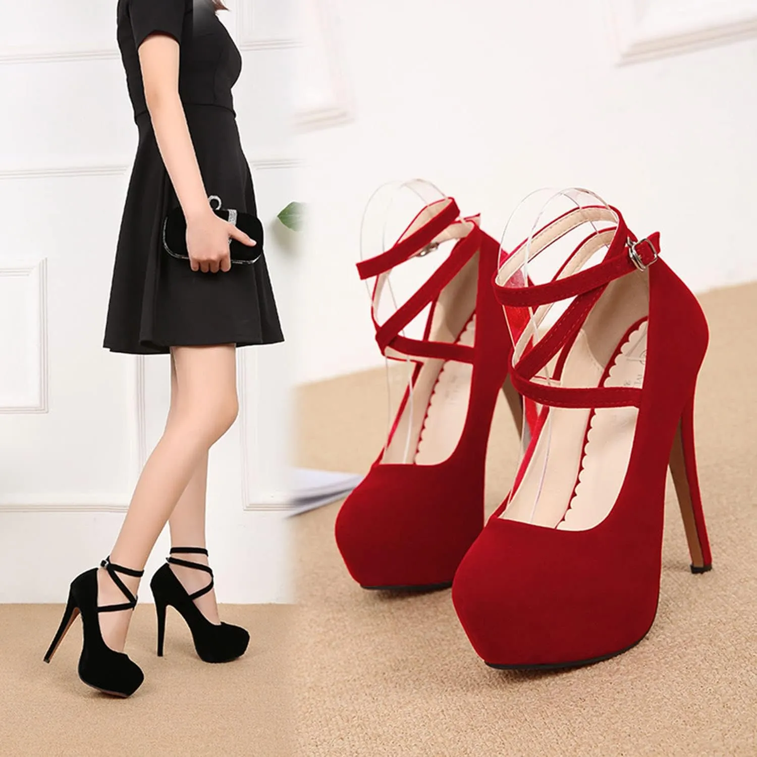 Women's Ankle Strap Close Toe High Stiletto Platform Heel Pumps Party Dress Sexy High Heels Suede Strappy Cross Ankle Strap Shoes Large Size 35-46