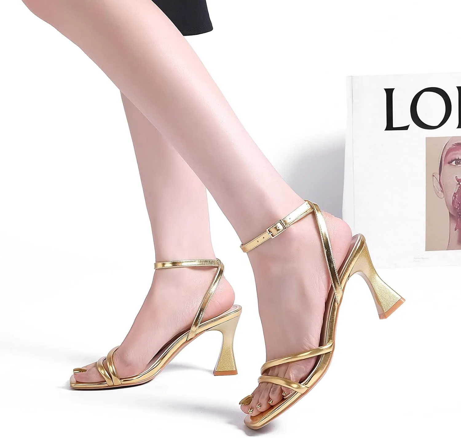 Women's Kitten Strappy Mid heels Square Open Toe Ankle Strap Heeled Sandals