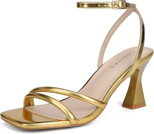 Women's Kitten Strappy Mid heels Square Open Toe Ankle Strap Heeled Sandals