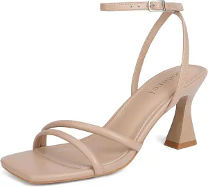 Women's Kitten Strappy Mid heels Square Open Toe Ankle Strap Heeled Sandals