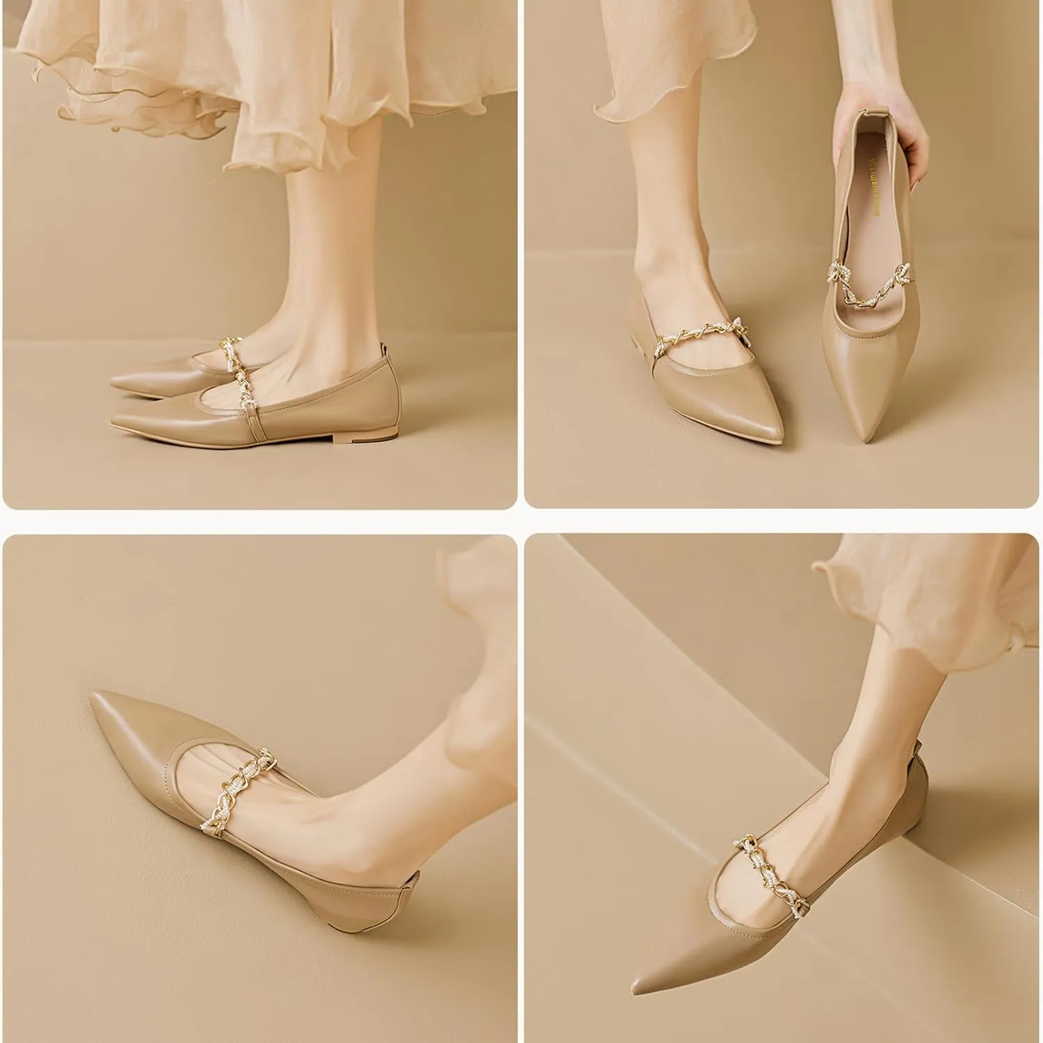 Women's Leather Mary Jane Flats Shoes with Pearl Strap Fashion Closed Pointed Toe Shallow Mouth Slip On Soft Sole Bridal Shoes Luxury Business Wedding Dress Shoes