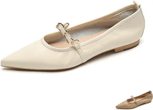 Women's Leather Mary Jane Flats Shoes with Pearl Strap Fashion Closed Pointed Toe Shallow Mouth Slip On Soft Sole Bridal Shoes Luxury Business Wedding Dress Shoes