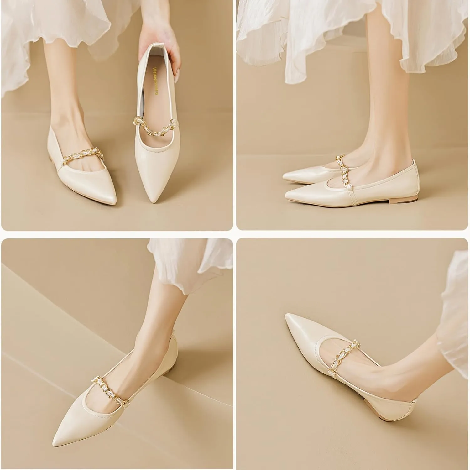 Women's Leather Mary Jane Flats Shoes with Pearl Strap Fashion Closed Pointed Toe Shallow Mouth Slip On Soft Sole Bridal Shoes Luxury Business Wedding Dress Shoes