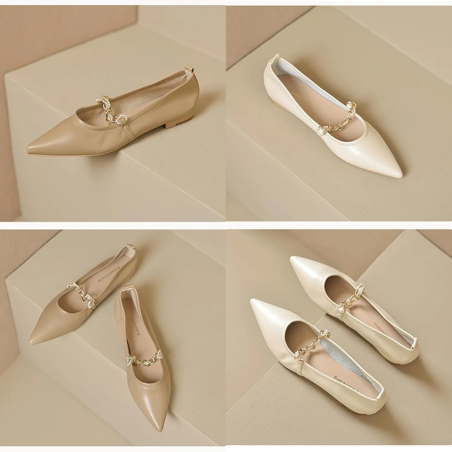 Women's Leather Mary Jane Flats Shoes with Pearl Strap Fashion Closed Pointed Toe Shallow Mouth Slip On Soft Sole Bridal Shoes Luxury Business Wedding Dress Shoes