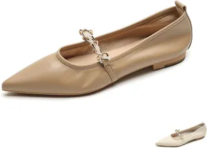 Women's Leather Mary Jane Flats Shoes with Pearl Strap Fashion Closed Pointed Toe Shallow Mouth Slip On Soft Sole Bridal Shoes Luxury Business Wedding Dress Shoes