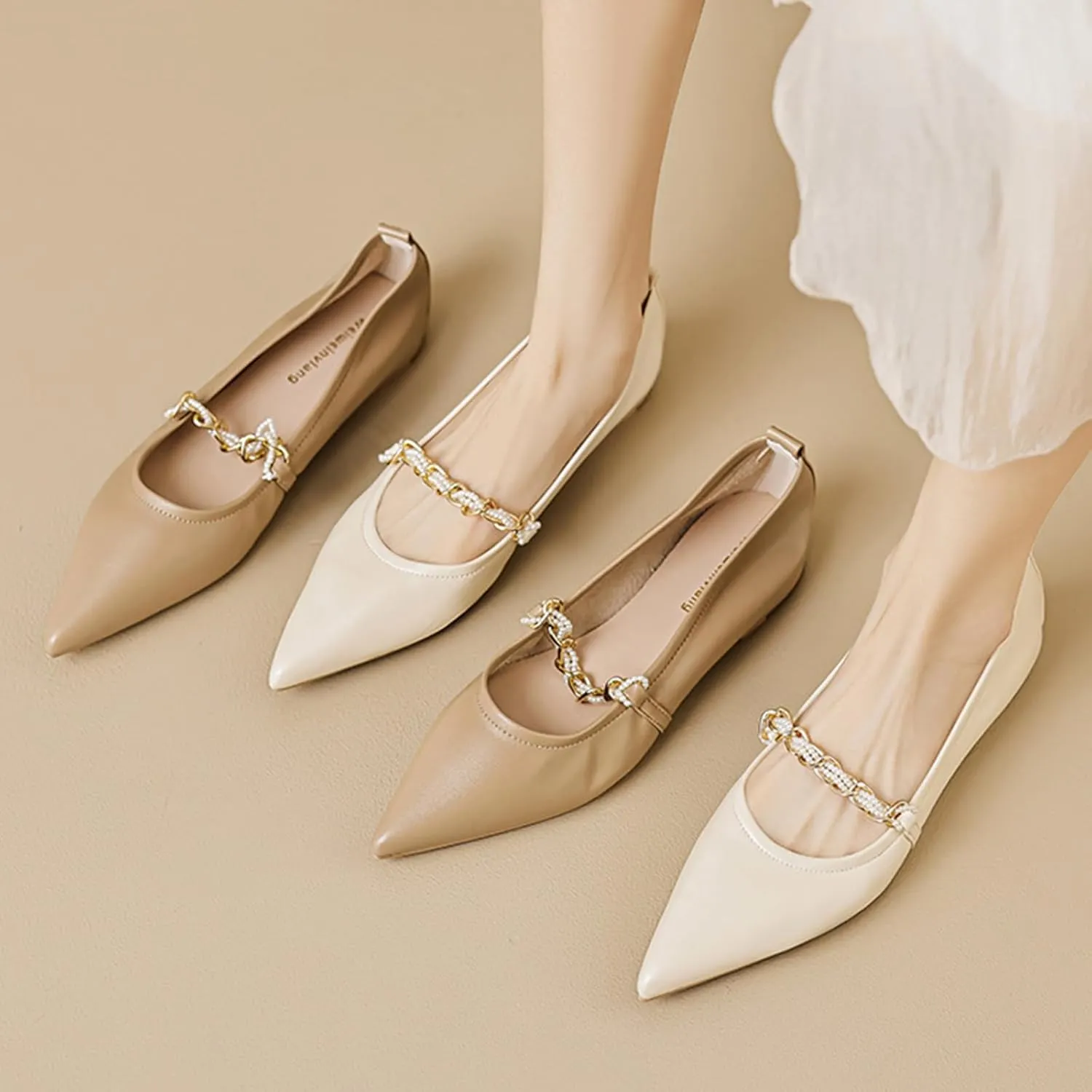 Women's Leather Mary Jane Flats Shoes with Pearl Strap Fashion Closed Pointed Toe Shallow Mouth Slip On Soft Sole Bridal Shoes Luxury Business Wedding Dress Shoes