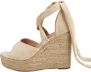 Yenktwei Womens Espadrille Wedge Sandals Ankle Strap Platform Sandals Open Toe Wedges Lace Up Summer Casual Dress Shoes[apricot 5]