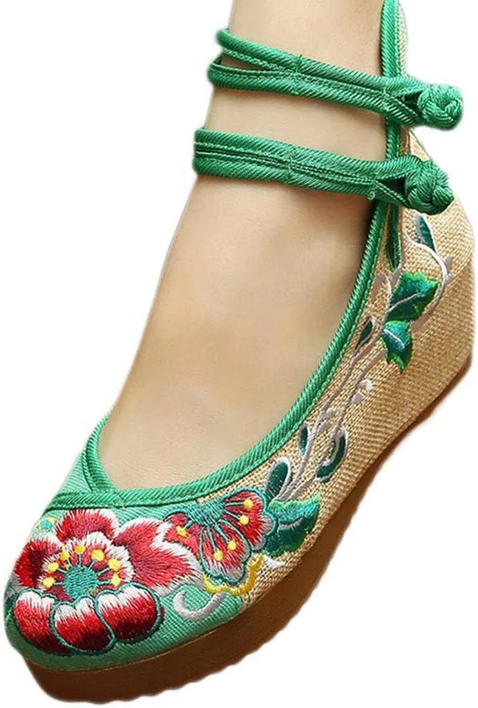 YIBLBOX Women's Chinese Traditional Ankle Strap Embroidery Floral Strappy Round Toe Platform Wedges Shoes