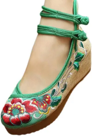 YIBLBOX Women's Chinese Traditional Ankle Strap Embroidery Floral Strappy Round Toe Platform Wedges Shoes
