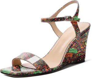 Zamikoo Women's Open Toe sandals 3.5'' Wedge heels Square Toe Slingback Pumps Fashion Dress Shoes Size 5- Size 13