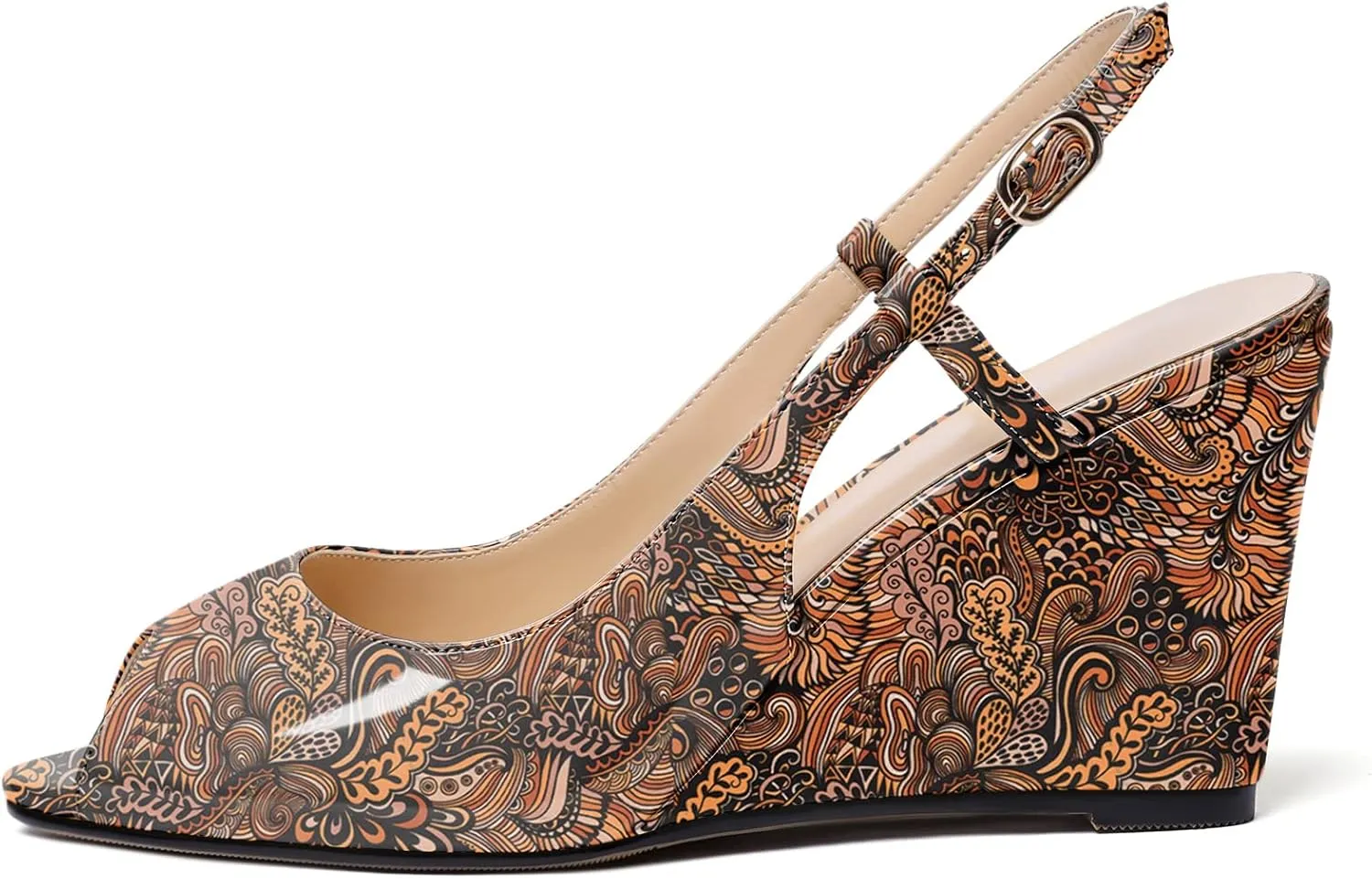 Zamikoo Women's Peep Toe Slingback Pumps 3.5" Wedge Heels Sandals with Adjustable Strap Solid Buckle Patent Leather US Size 5- Size 13