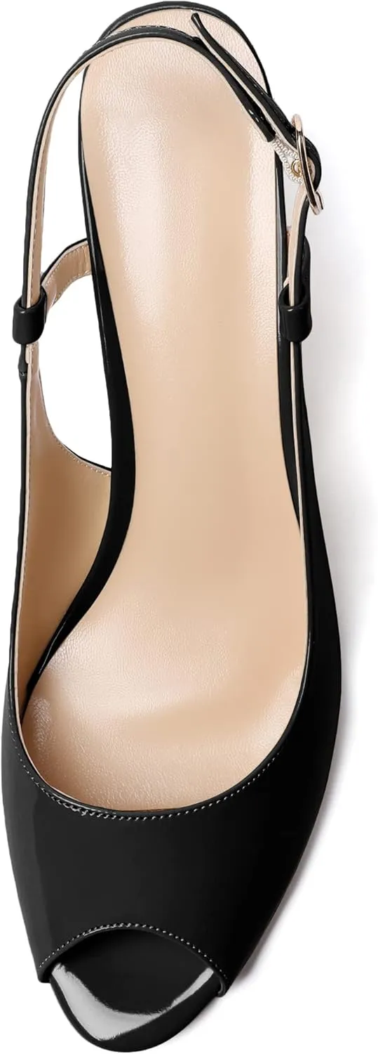Zamikoo Women's Peep Toe Slingback Pumps 3.5" Wedge Heels Sandals with Adjustable Strap Solid Buckle Patent Leather US Size 5- Size 13