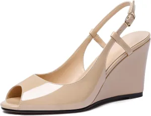 Zamikoo Women's Peep Toe Slingback Pumps 3.5" Wedge Heels Sandals with Adjustable Strap Solid Buckle Patent Leather US Size 5- Size 13