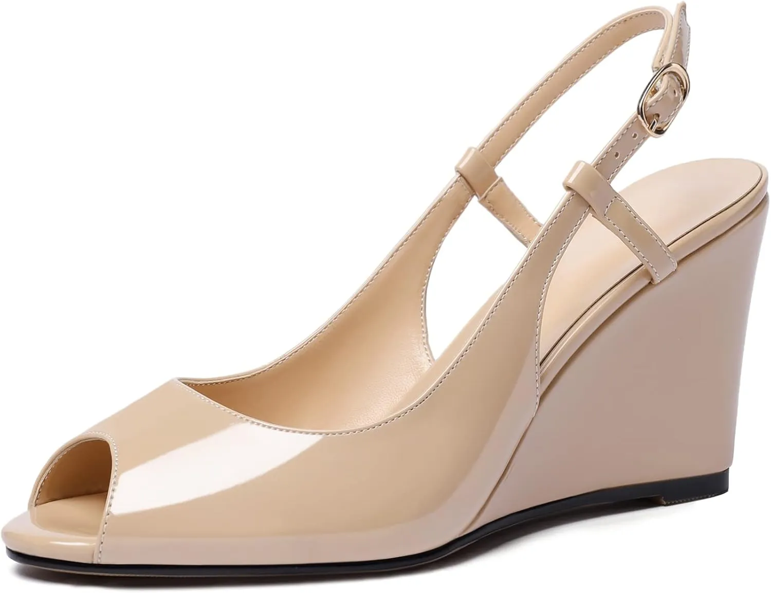 Zamikoo Women's Peep Toe Slingback Pumps 3.5" Wedge Heels Sandals with Adjustable Strap Solid Buckle Patent Leather US Size 5- Size 13