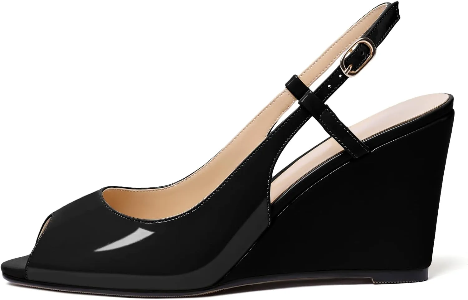 Zamikoo Women's Peep Toe Slingback Pumps 3.5" Wedge Heels Sandals with Adjustable Strap Solid Buckle Patent Leather US Size 5- Size 13