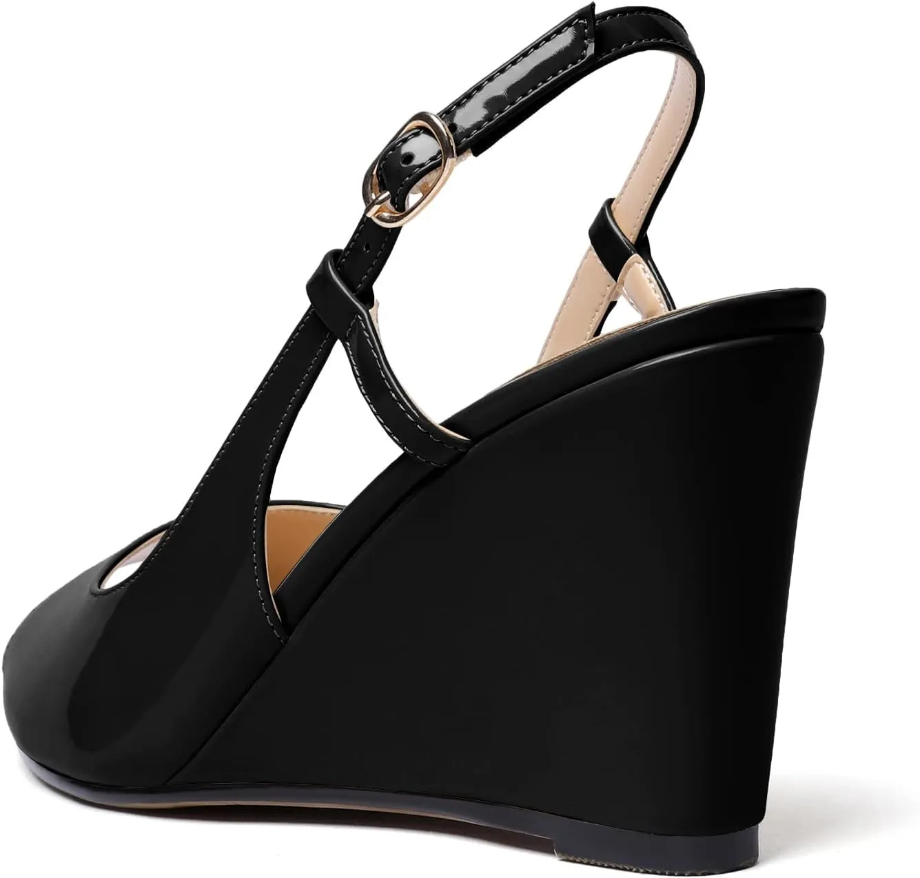 Zamikoo Women's Peep Toe Slingback Pumps 3.5" Wedge Heels Sandals with Adjustable Strap Solid Buckle Patent Leather US Size 5- Size 13