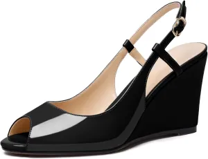 Zamikoo Women's Peep Toe Slingback Pumps 3.5" Wedge Heels Sandals with Adjustable Strap Solid Buckle Patent Leather US Size 5- Size 13
