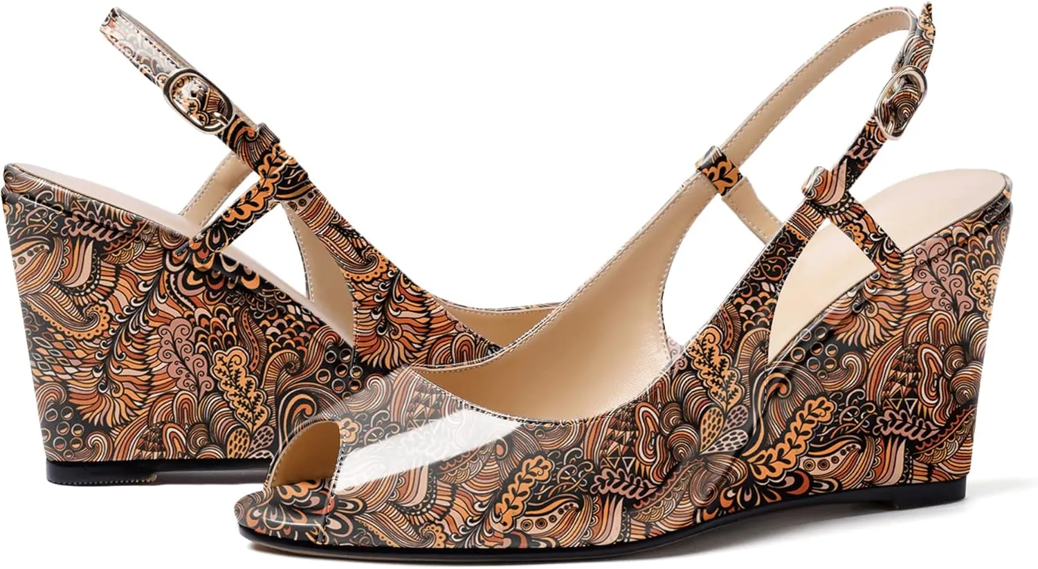 Zamikoo Women's Peep Toe Slingback Pumps 3.5" Wedge Heels Sandals with Adjustable Strap Solid Buckle Patent Leather US Size 5- Size 13