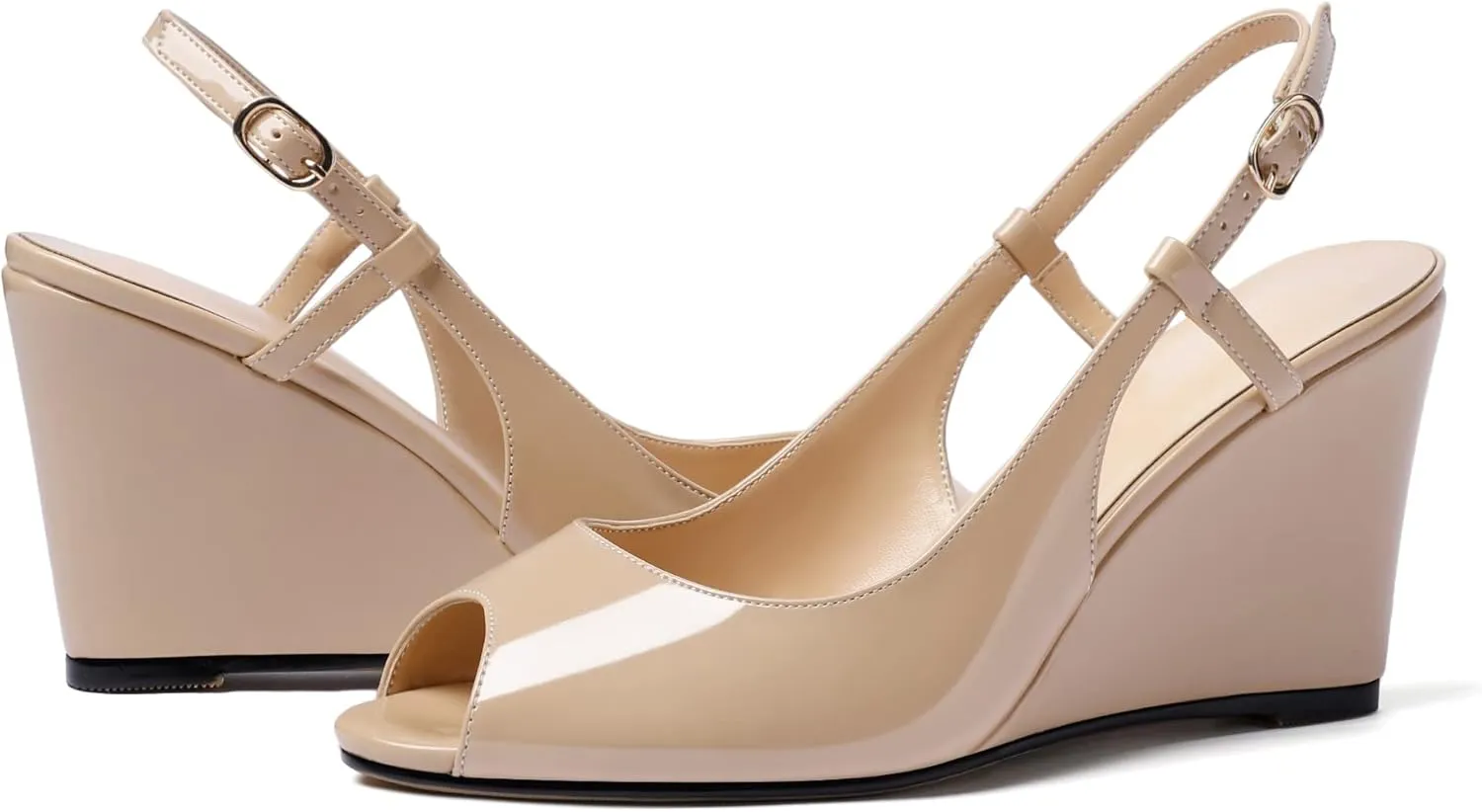 Zamikoo Women's Peep Toe Slingback Pumps 3.5" Wedge Heels Sandals with Adjustable Strap Solid Buckle Patent Leather US Size 5- Size 13