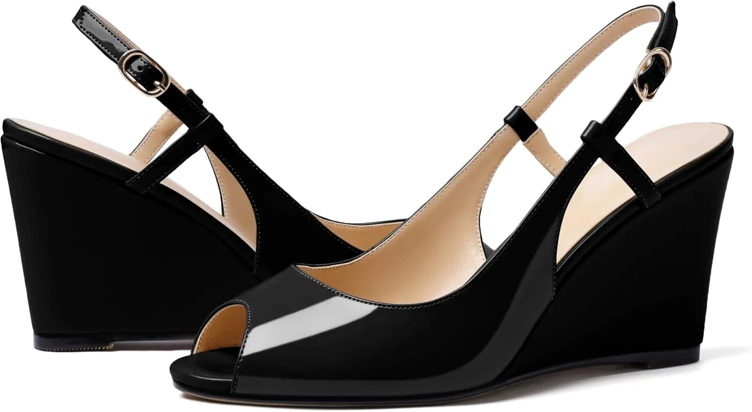 Zamikoo Women's Peep Toe Slingback Pumps 3.5" Wedge Heels Sandals with Adjustable Strap Solid Buckle Patent Leather US Size 5- Size 13