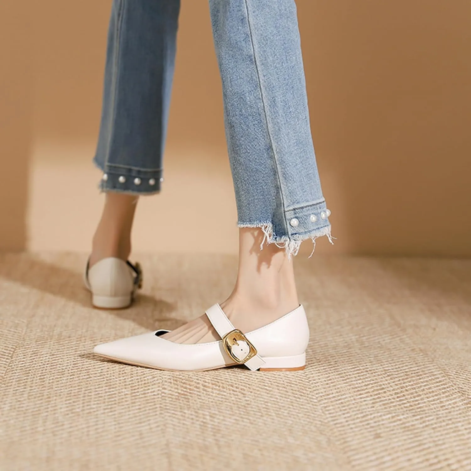 Zeberfi Women's Leather Mary Jane Flats with Buckle Strap Fashion Closed Pointed Toe Shallow Mouth Slip On Work Shoes Comfortable Luxury Business Wedding Dress Shoes