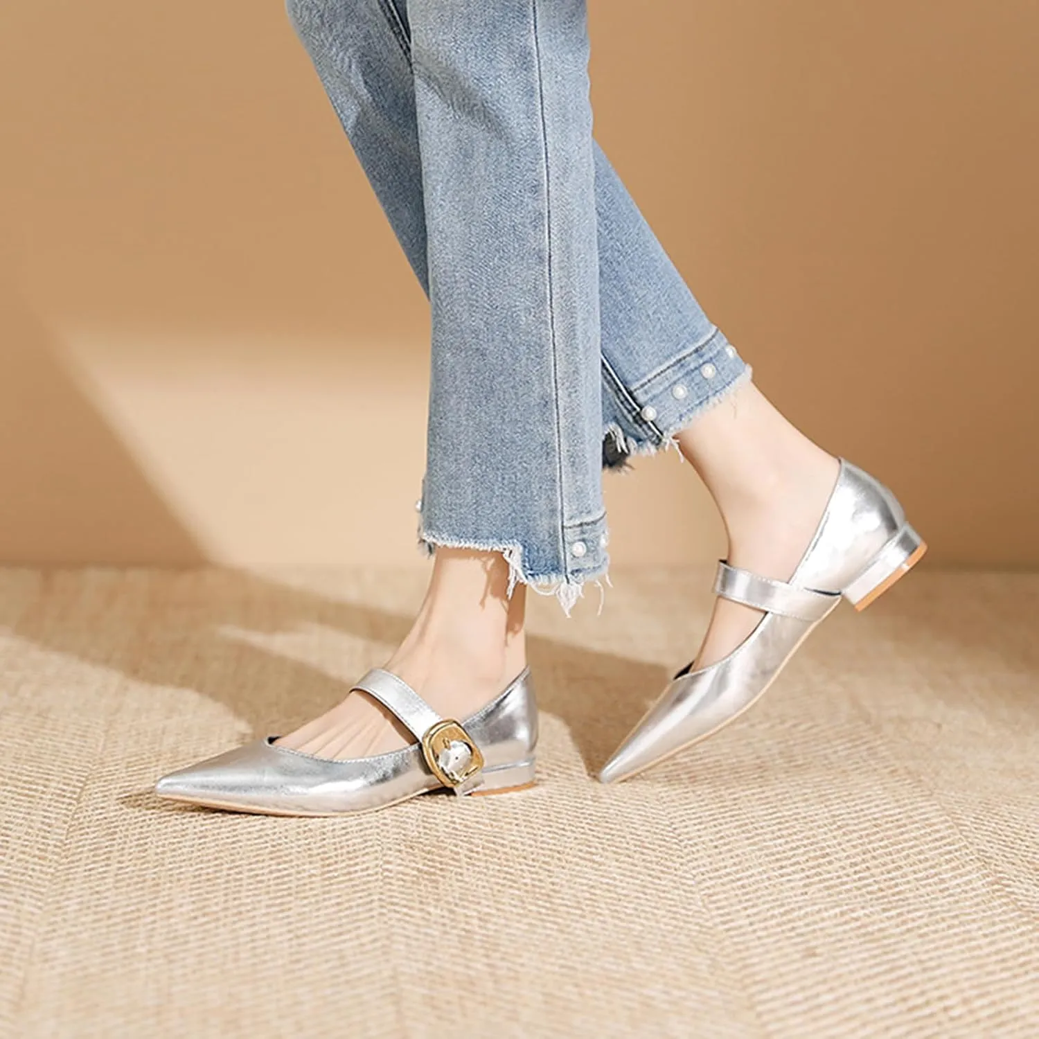 Zeberfi Women's Leather Mary Jane Flats with Buckle Strap Fashion Closed Pointed Toe Shallow Mouth Slip On Work Shoes Comfortable Luxury Business Wedding Dress Shoes