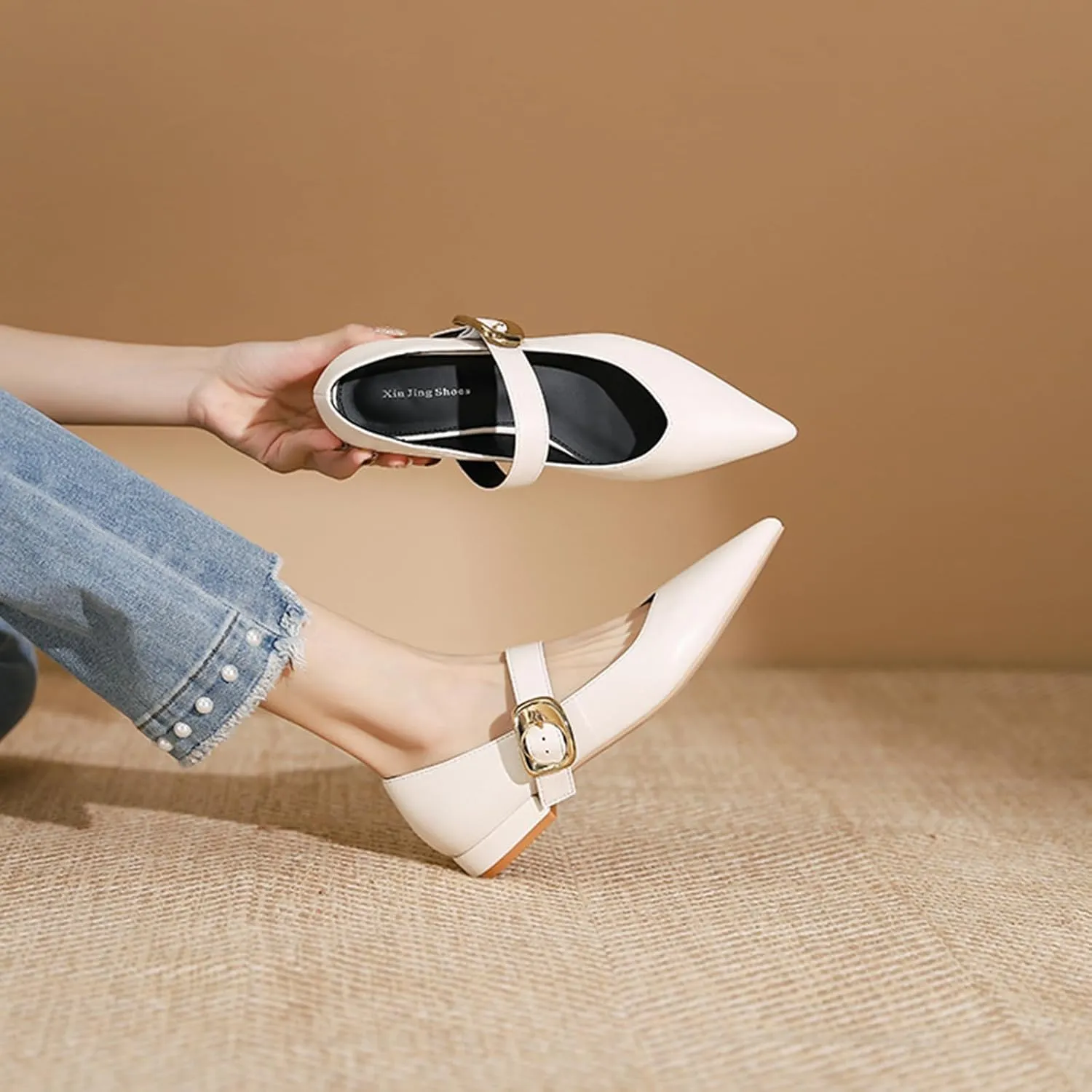 Zeberfi Women's Leather Mary Jane Flats with Buckle Strap Fashion Closed Pointed Toe Shallow Mouth Slip On Work Shoes Comfortable Luxury Business Wedding Dress Shoes