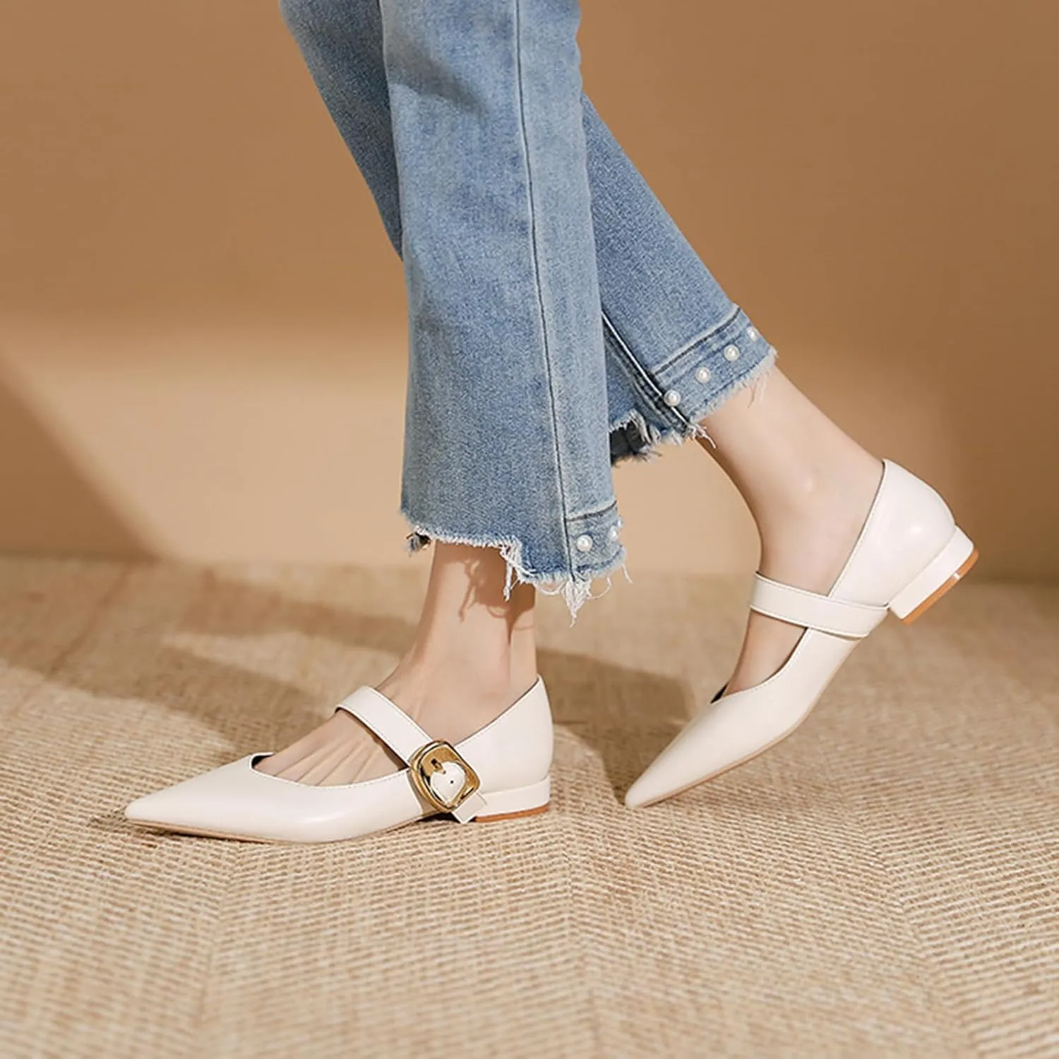 Zeberfi Women's Leather Mary Jane Flats with Buckle Strap Fashion Closed Pointed Toe Shallow Mouth Slip On Work Shoes Comfortable Luxury Business Wedding Dress Shoes