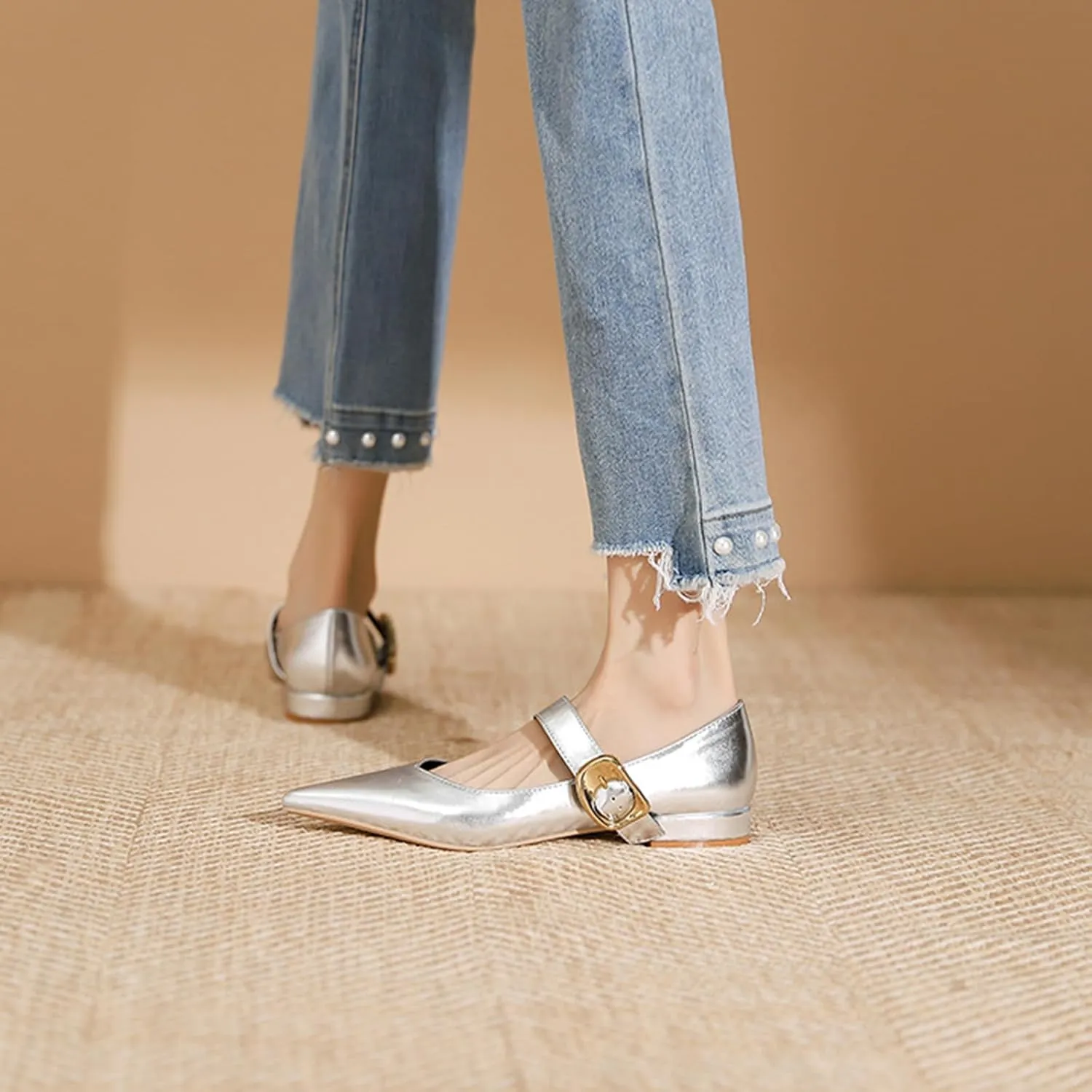 Zeberfi Women's Leather Mary Jane Flats with Buckle Strap Fashion Closed Pointed Toe Shallow Mouth Slip On Work Shoes Comfortable Luxury Business Wedding Dress Shoes