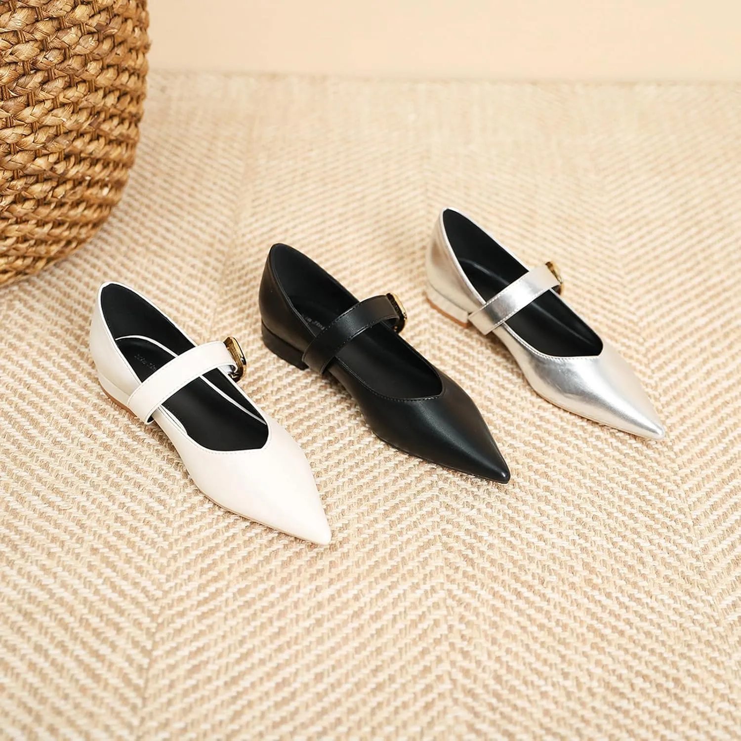 Zeberfi Women's Leather Mary Jane Flats with Buckle Strap Fashion Closed Pointed Toe Shallow Mouth Slip On Work Shoes Comfortable Luxury Business Wedding Dress Shoes