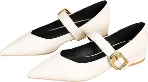 Zeberfi Women's Leather Mary Jane Flats with Buckle Strap Fashion Closed Pointed Toe Shallow Mouth Slip On Work Shoes Comfortable Luxury Business Wedding Dress Shoes